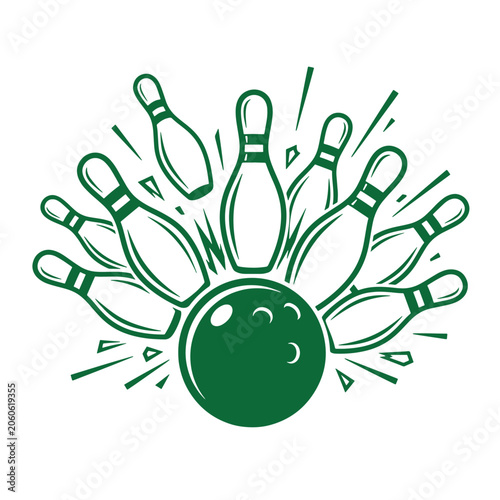 Ten pin bowling strike with ball hitting scatter of bowling pins green line art vector illustration, competition