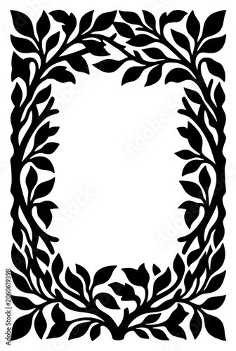 Black leaf silhouette rectangular frame with floral border and white copy space