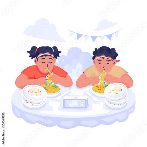 Two Children Enjoying Eating Contest During Independence Day Celebration Vector Illustration