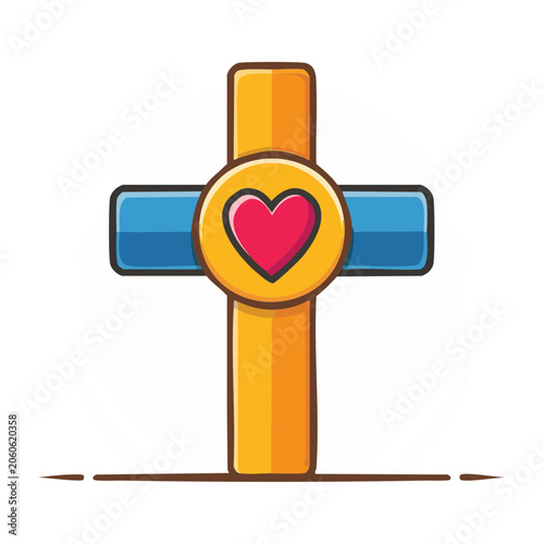 Christian cross with heart symbol, flat design icon