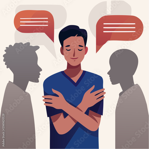 Man hugging himself surrounded by silent figures and speech bubbles
