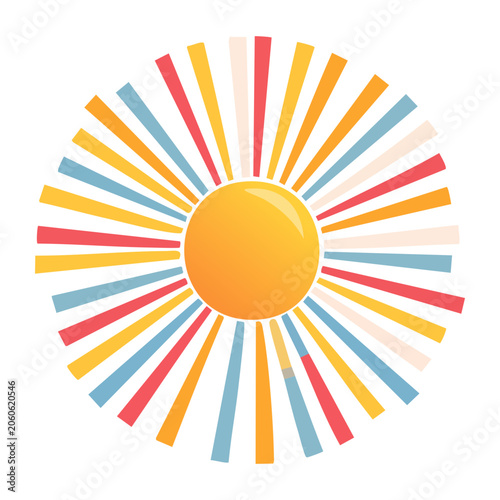 Stylized sun with colorful rays on white background