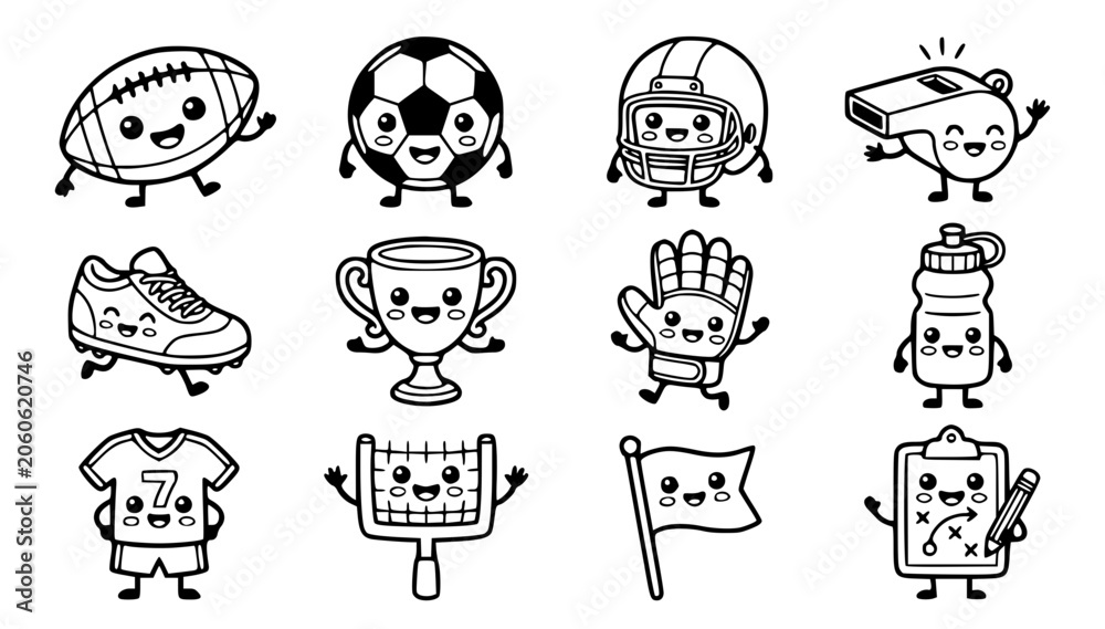 Fototapeta premium Cute kawaii football character vector set with funny cartoon soccer match line art for kids