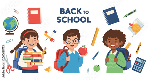 Back to School: Diverse Kids with Backpacks, Books, and Supplies