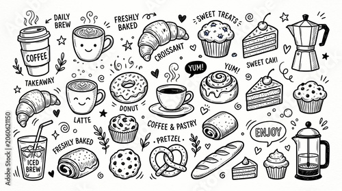  is a collection of cute, black-and-white hand-drawn doodles featuring coffee and pastries. 