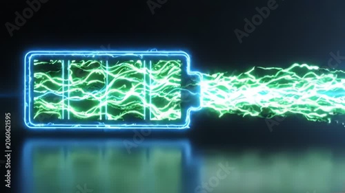 Neon Battery Icon Charging with Electric Energy Lightning Streaks on Black Background