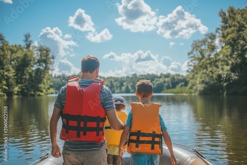 Family Wearing Life Jackets Boards Boat on Sunny Serene Lake