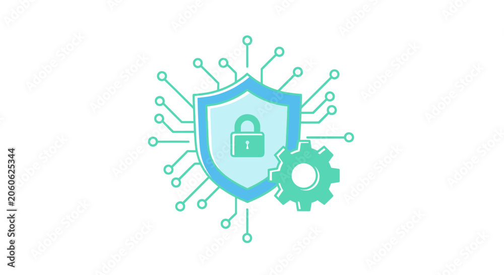 Fototapeta premium Digital shield with lock and circuitry symbol representing cybersecurity, data protection and technology security.