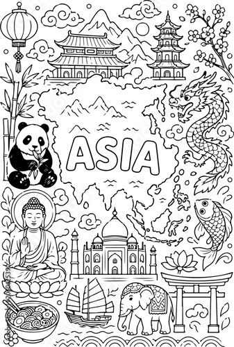 asia continent landmarks cartoon outline hand drawn Line Art illustration doodle art coloring page for kids