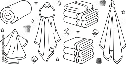 Tableau sur toile Bathroom towels collection set including folded stacked hanging rolled terry clo