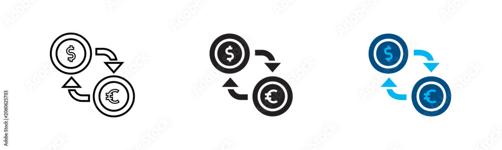 Obraz premium Currency exchange icon set. Dollar to euro money transfer, financial transaction, and conversion vector icons in flat, glyph, and line art styles. Isolated on white background.