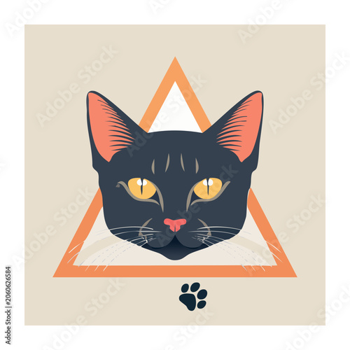Black Cat Face in Geometric Frame Illustration