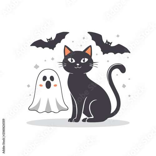 Black cat with ghost and bats in flat design