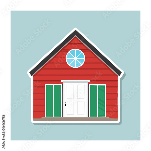 Flat design illustration of a red house with green shutters