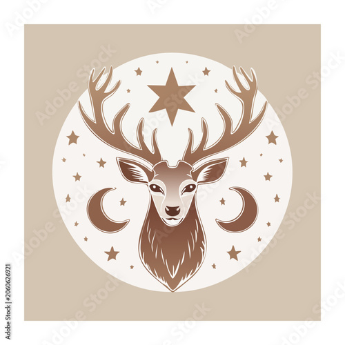 Minimalist Deer Head with Antlers and Celestial Elements