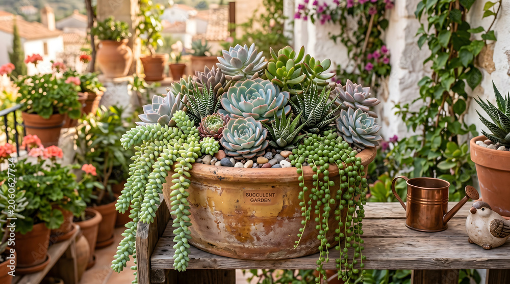 Fototapeta premium Terracotta pot overflowing with succulent plants