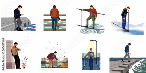 Foto Set of Minimalist Vector Illustrations Depicting a Lone Man in Various Contempla