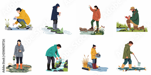 Canvastavla Flat vector illustrations of environmental scientists and researchers collecting water samples and testing water quality in various natural stream and river environments
