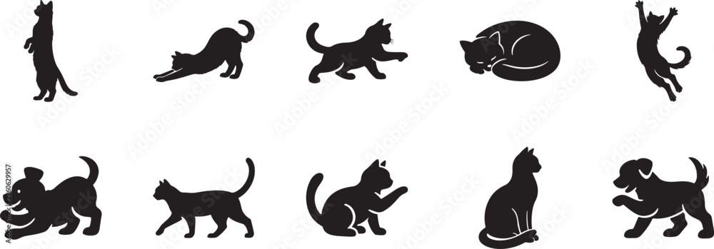 Fototapeta premium Cute Cat and Dog Silhouette Set Vector Illustration, Pet Animal Icons Collection EPS.