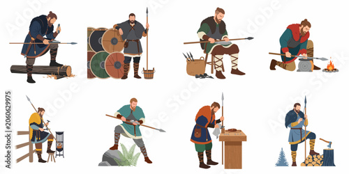 Bilde på lerret Set of flat vector illustrations depicting Viking warriors and craftsmen preparing their spears and equipment in a historical medieval style