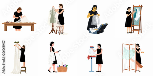 Foto Set of vector illustrations depicting a professional woman working on intricate white lace designs through various stages of production and restoration