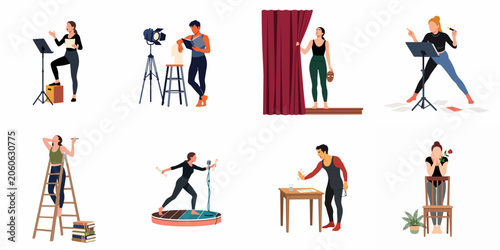 Bild auf Leinwand Set of vector illustrations depicting actors and performers in various stages of theater rehearsal, script reading, and stage preparation