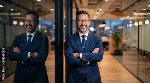 Commercial medium-shot corporate photography of a confident executive smiling with arms crossed – premium business leadership branding, modern office workspace campaign, and corporate professional ser
