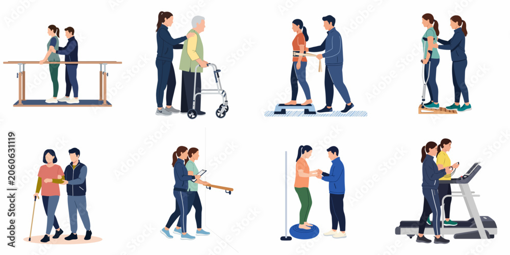 Obraz premium Vector illustration set of physical therapy and rehabilitation scenes featuring patients working with therapists on various mobility exercises and using specialized medical equipment.