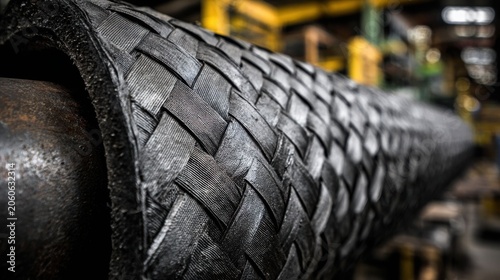 Intricate woven texture of a heavy-duty industrial conveyor belt's surface, showcasing robust material and complex pattern