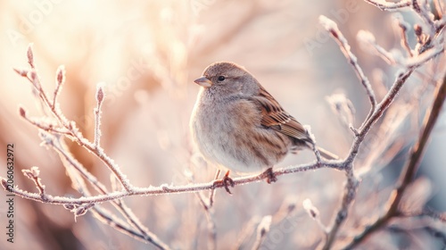 Spring snow ice thaw, end of Winter Season, hope, fresh start. A sparrow perched atop a frostcovered tree branch, its brown, white, and black feathers contrasting against the pale, icy backdrop.