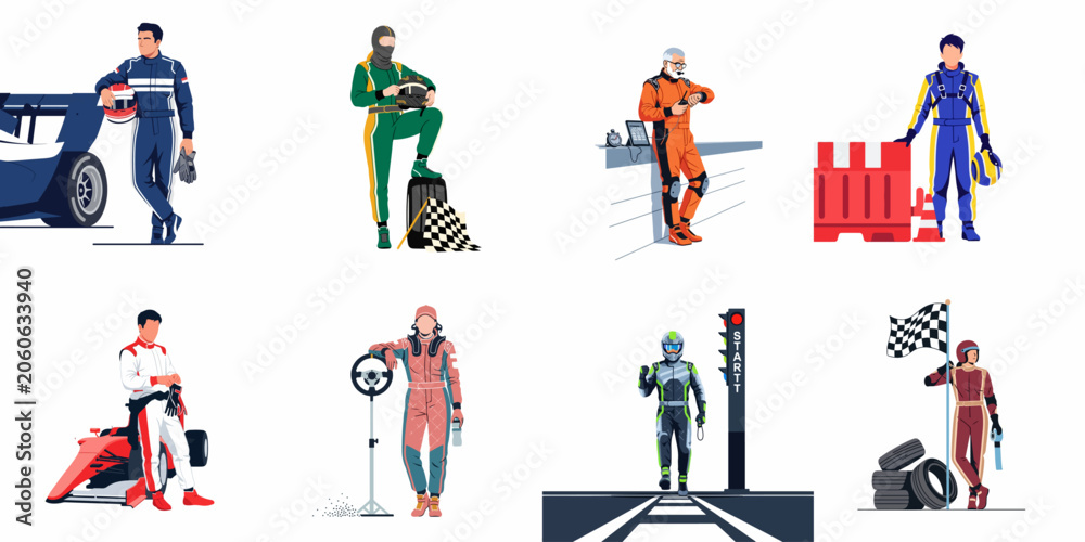 Obraz premium Collection of professional racing drivers and crew members in colorful uniforms with cars, equipment, and checkered flags for motorsport illustrations.