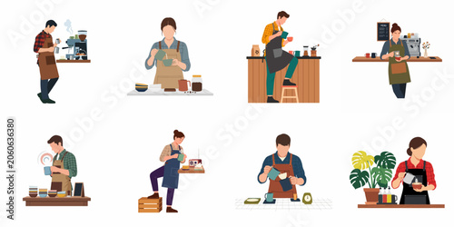 Set of flat illustrations featuring diverse baristas preparing coffee, pouring milk, and making latte art in various modern cafe settings.