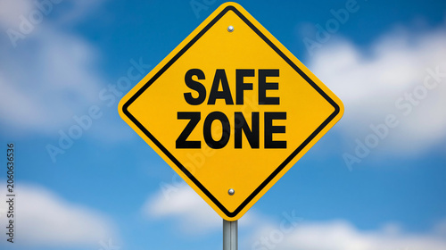 Cautionary Sign of Safety: A bright yellow diamond-shaped warning sign with SAFE ZONE boldly printed in black text, set against a clear blue sky with scattered white clouds.