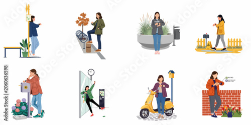 Set of flat vector illustrations depicting women checking the time on their watches in different outdoor urban locations such as bus stops and streets.