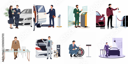 Professional car dealership staff providing luxury sales services, vehicle demonstrations, and customer consultations in a modern showroom setting.