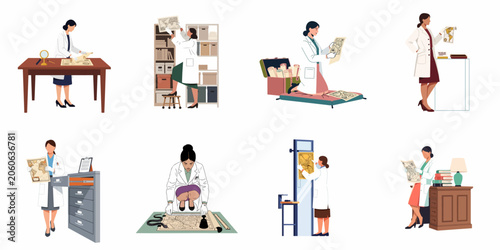 Foto Flat vector illustration set of female archivists and museum professionals working with historical maps, documents, and artifacts in various research activities