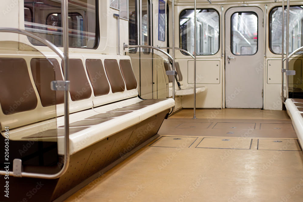 Obraz premium Empty interior of classic subway train car