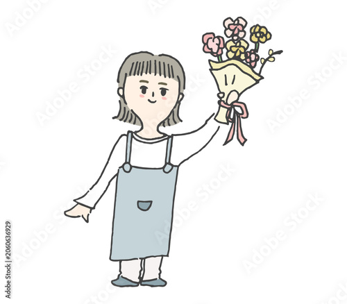 花束を持つエプロン姿の女性　韓国風くすみカラーのゆるい手描きイラスト