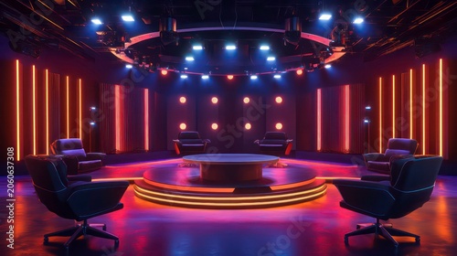 vibrant and engaging empty game show talk show set, highlighted by bright stage lights, stylish chairs, and a prominent table, ready to host entertaining discussions in a lively studio ambiance