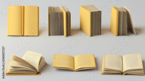 Various angles of a paper book with yellow hard cover.