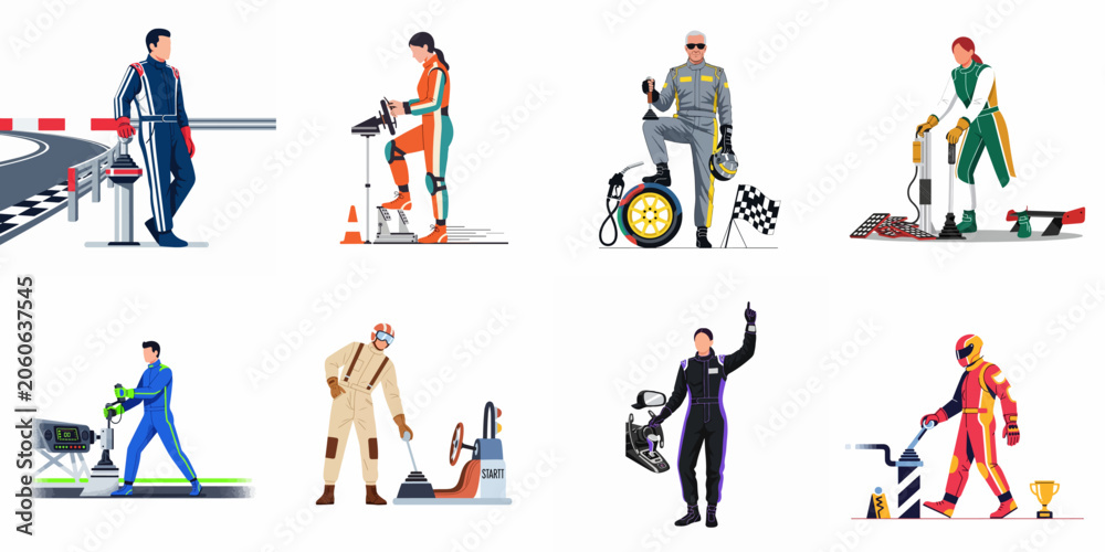 Naklejka premium Collection of diverse race car drivers and pit crew members in professional suits with racing equipment on a white background.