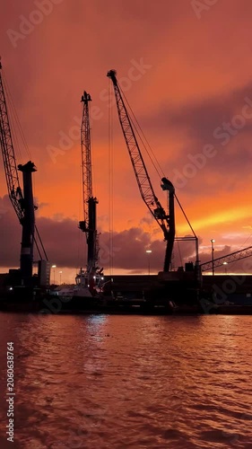 Silhouetted construction cranes and heavy industrial equipment stand along the waterfront beneath a dramatic orange sunset sky, creating a striking harbor scene. in free trade zone Barranquilla