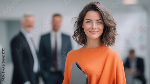 Female diversity. Human rights, equal opportunity concept. A professional portrait of a woman in a bright orange sweater, standing in a modern office.