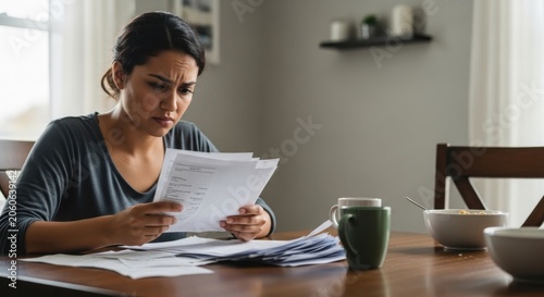 A stressed young adult woman with a worried expression reviewing financial documents and bills at her dining table at home, surrounded by paperwork
