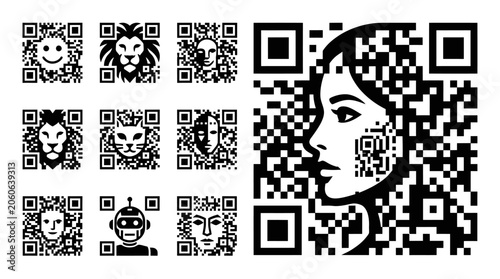 Fotografia QR Code Art: Faces, Animals, Robot, and Woman Profile - Digital Interaction Conc