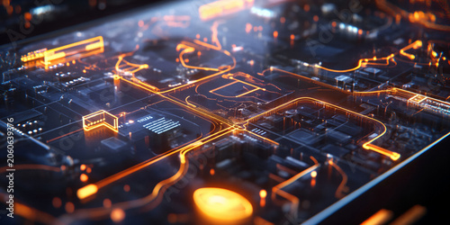 Abstract Electronic Circuit Board with Glowing Data Paths and Futuristic Technology
