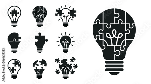Foto Lightbulb Puzzle Icons Set: Idea, Solution, Innovation, Creativity, Problem Solv