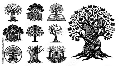 Foto Magical Knowledge Tree with Books and Library Elements, Symbolizing Wisdom and L