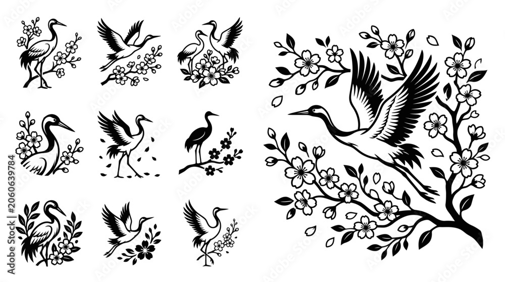 Fototapeta premium Japanese Cranes and Cherry Blossoms Vector Set