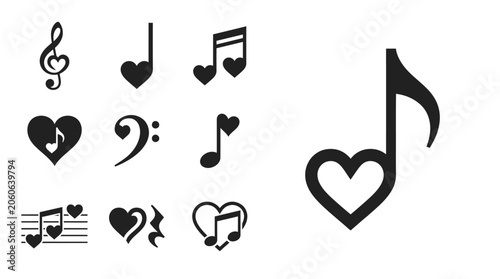 Tableau sur toile Musical Heart Symbols: Love Notes, Treble Clef, Bass Clef, Eighth Notes
